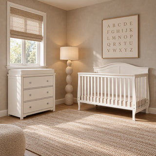 Child Craft Camden 2-Piece Nursery Set in white, featuring a convertible crib and a 3-drawer dresser with a changing table topper.