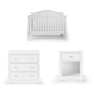 The Child Craft Camden 4-in-1 Convertible Crib in Matte White features a classic, minimal design and pairs perfectly with matching nursery furniture, like dressers and nightstands, for a cohesive look.