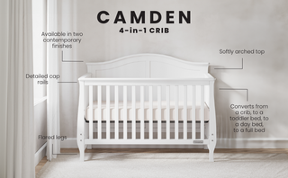 The Child Craft Camden 4-in-1 Convertible Crib in Matte White features a softly arched top, detailed cap rails, and flared legs, offering elegant versatility for any nursery.