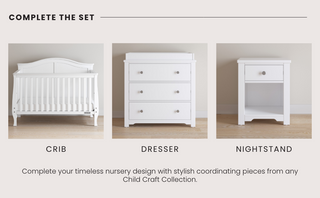 Three matte white nursery pieces from Child Craft’s Camden collection are shown: the Camden 4-in-1 Convertible Crib, a three-drawer dresser, and a nightstand, displayed against a light wall and wood floor.
