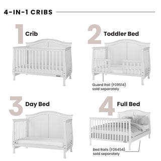 A graphic shows the Child Craft Camden 4-in-1 Convertible Crib in Matte White transforming into a crib, toddler bed with guard rail, day bed, and full bed with rails. Text notes that some rails are sold separately.