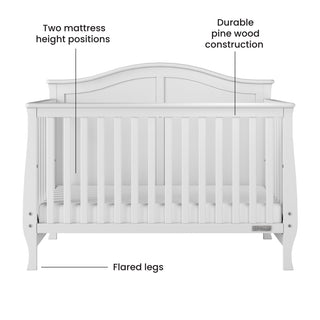 The Child Craft Camden 4-in-1 Convertible Crib in matte white features vertical slats, flared legs, a curved headboard, two mattress height positions, and sturdy pine wood construction. Mattress and crib sheet are shown.