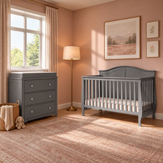 Child Craft Camden 2-Piece Nursery Set With Crib and Dresser, featuring a gray convertible crib and a matching 3-drawer dresser with a changing table topper.
