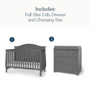 The Child Craft Camden 2-Piece Nursery Set With Crib and Dresser, featuring a dark gray convertible crib and a matching 3-drawer dresser with a changing table topper, labeled 1 and 2, beneath a list of included items.