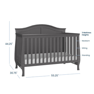 Child Craft Camden 2-Piece Nursery Set dark grey convertible crib, measuring 44.25 inches high, 30.75 inches deep, and 55.25 inches long, with three adjustable mattress height positions for newborn, sitting, and standing.