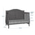 Child Craft Camden 2-Piece Nursery Set dark grey convertible crib, measuring 44.25 inches high, 30.75 inches deep, and 55.25 inches long, with three adjustable mattress height positions for newborn, sitting, and standing.