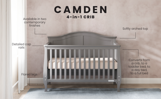 The Child Craft Camden 4-in-1 Convertible Crib in Cool Grey features a softly arched top, cap rails, and flared legs, and easily converts from crib to toddler bed, daybed, or full bed.