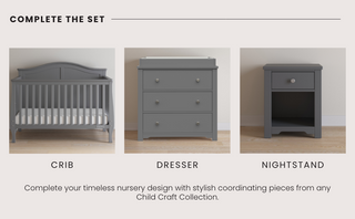 Three matching gray nursery pieces by Child Craft are shown: the Camden 4-in-1 Convertible Crib in Cool Grey, a three-drawer dresser, and a nightstand with one drawer and open shelf, all placed on a light wood floor.