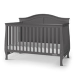 The Child Craft Camden 4-in-1 Convertible Crib in Cool Grey features a wooden frame with vertical slats, a gently curved headboard, and four sturdy legs.