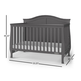 The Child Craft Camden 4-in-1 Convertible Crib in Cool Grey features slatted sides, a curved headboard, and measures 44.25" high, 55.25" wide, and 30.75" deep.