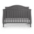 The Child Craft Camden 4-in-1 Convertible Crib in Cool Grey features vertical slats, an arched back panel, and a mattress with a white fitted sheet, shown against a white background.