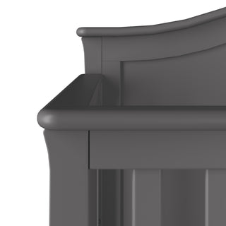 Close-up of the Camden 4-in-1 Convertible Crib by Child Craft in Cool Grey, highlighting its smooth, rounded corners and vertical slats for a safe, versatile nursery addition.