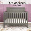 The Child Craft Atwood 4-in-1 Convertible Crib in Lunar Gray, featuring a chevron-patterned headboard and stylish beveled edges, is showcased in a nursery with purple panel walls and animal wallpaper. Feature labels highlight its convertibility and modern design.