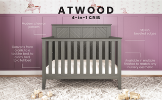 The Child Craft Atwood 4-in-1 Convertible Crib in Lunar Gray, featuring a chevron-patterned headboard and stylish beveled edges, is showcased in a nursery with purple panel walls and animal wallpaper. Feature labels highlight its convertibility and modern design.