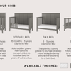 The Child Craft Atwood 4-in-1 Convertible Crib in Lunar Gray is shown as a crib, toddler bed with guard rail, day bed, and full bed. Info covers age/weight guidelines, features, and finishes in white, gray, and brown.