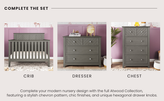 The Child Craft Atwood 4-in-1 Convertible Crib in Lunar Gray features a chevron pattern and hexagonal knobs, shown in a stylish nursery with neutral and pastel accents.