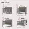 Four Child Craft Atwood 4-in-1 Convertible Cribs in Lunar Gray are shown as a crib, toddler bed with safety rail, day bed, and full bed with headboard and footboard. Guard and bed rails sold separately.