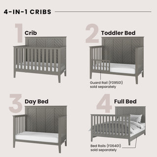 Four Child Craft Atwood 4-in-1 Convertible Cribs in Lunar Gray are shown as a crib, toddler bed with safety rail, day bed, and full bed with headboard and footboard. Guard and bed rails sold separately.