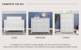 The Child Craft Atwood 4-in-1 Convertible Crib in matte white features a chevron pattern and minimalist style, shown with coordinating nursery furniture against a blue wall.