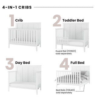 Diagram showing the Child Craft Atwood 4-in-1 Convertible Crib in Matte White converting to toddler bed, day bed, and full bed; guard rails and bed rails for toddler and full beds are sold separately.