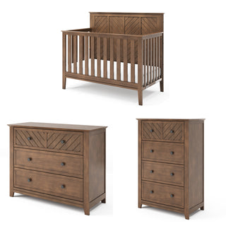 Three matching nursery pieces: Child Craft Atwood 4-in-1 Convertible Crib in Cocoa Bean with open slats, a wide three-drawer dresser, and a tall three-drawer chest—all with brown finish and geometric top drawer panels.