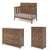 Three matching nursery pieces: Child Craft Atwood 4-in-1 Convertible Crib in Cocoa Bean with open slats, a wide three-drawer dresser, and a tall three-drawer chest—all with brown finish and geometric top drawer panels.