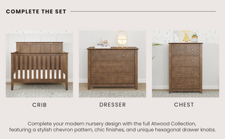 The Child Craft Atwood 3-Drawer Dresser in Cocoa Bean features a chevron pattern, smooth finish, and hexagonal drawer knobs for a modern look.