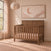 Cocoa Bean Child Craft Atwood 4-in-1 Convertible Crib with a herringbone-patterned headboard, featuring a pale pink mattress sheet and baby-safe finishes.