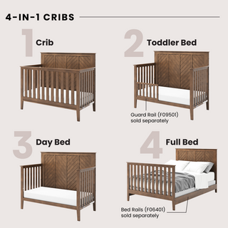 Image of the Child Craft Atwood 4-in-1 Convertible Crib in Cocoa Bean, shown as a crib, toddler bed with guard rail, daybed, and full-size bed. Each option is labeled; note: guard rails sold separately.