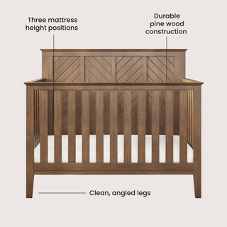 The Child Craft Atwood 4-in-1 Convertible Crib in Cocoa Bean features a geometric-patterned headboard, adjustable to three mattress heights, pine wood construction, and clean angled legs. Text labels highlight each feature.
