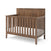 The Child Craft Atwood 4-in-1 Convertible Crib in Cocoa Bean features a modern, sturdy design with a high patterned headboard, vertical slats on all sides, a warm brown finish, and includes a white mattress.
