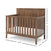 The Child Craft Atwood 4-in-1 Convertible Crib in Cocoa Bean features a chevron-patterned headboard, vertical side slats, and comes with a white mattress. Dimensions: 47