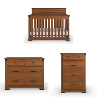 A coordinated nursery set in medium brown includes the Child Craft Redmond 4-in-1 Convertible Crib in Coach Cherry, a three-drawer dresser with two smaller top drawers, and a tall chest with four drawers.
