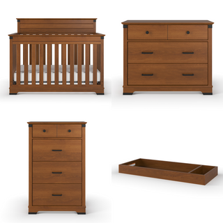Four-piece Child Craft nursery set in coach cherry: Redmond 4-in-1 convertible crib, four-drawer dresser, four-drawer tall chest, and shallow under-crib storage drawer—all with black handles.