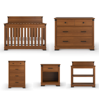 Five wooden nursery furniture pieces are shown: the Child Craft Redmond 4-in-1 Convertible Crib in Coach Cherry, a four-drawer dresser, a three-drawer tall chest, a nightstand with drawer and shelf, and a changing table with two shelves.