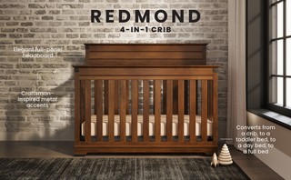 The Child Craft Redmond 4-in-1 Convertible Crib in Coach Cherry features vertical slats, a full-panel headboard, craftsman-inspired metal accents, and easily converts to toddler or full beds for lasting versatility.