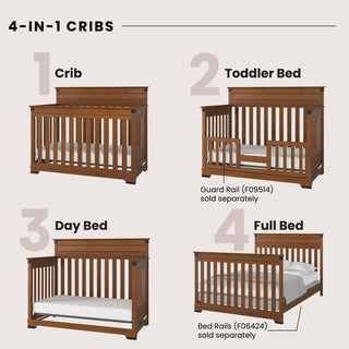 A collage of cribs showcases the versatile Child Craft Redmond 4-in-1 Convertible Crib in Coach Cherry alongside other stylish baby crib designs.