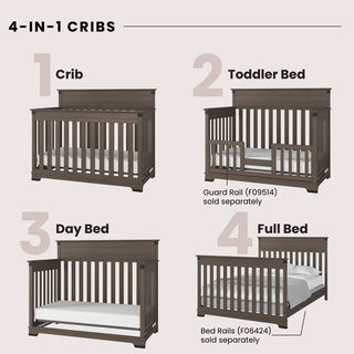 The Child Craft Redmond 4-in-1 Convertible Crib in Dapper Gray converts from a crib to toddler bed (with guard rail), day bed, and full bed (with headboard/footboard); guard and bed rails sold separately.