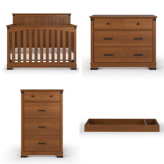 The Child Craft Redmond Full Panel 4-in-1 Convertible Crib set in Coach Cherry includes a convertible crib, wide four-drawer dresser, tall four-drawer chest, and rectangular changing tray, all with sleek black handles in a medium wood finish.