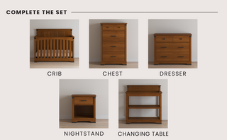 The Child Craft Redmond Full Panel 4-in-1 Convertible Crib in Coach Cherry is shown alongside a chest, dresser, nightstand, and changing table—each piece displayed separately against a plain wall.