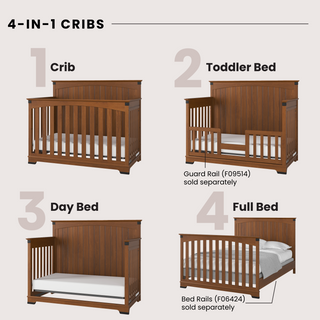 A diagram displays the Child Craft Redmond Full Panel 4-in-1 Convertible Crib in Coach Cherry, showing its versatility as it transforms from crib to toddler bed with guard rail, to day bed, and finally to full bed with rails, each stage clearly labeled.