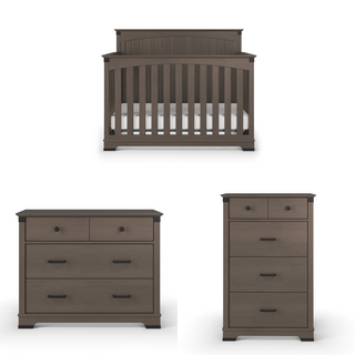 The set includes the Child Craft Redmond Full Panel 4-in-1 Convertible Crib in Dapper Gray, a wide dresser with four drawers, and a tall chest featuring three drawers plus two small top drawers.