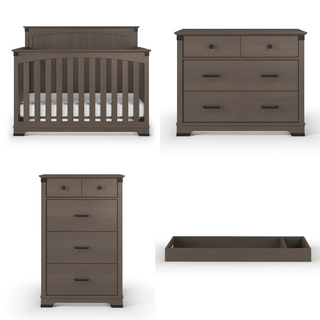 Four-piece Child Craft nursery set in Dapper Gray: Redmond Full Panel 4-in-1 Convertible Crib, a four-drawer dresser, a tall four-drawer chest, and a rectangular changing tray with divider—all matching.