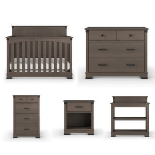 Five-piece set in matching dark wood: Child Craft Redmond Full Panel 4-in-1 Convertible Crib in Dapper Gray, four-drawer dresser, tall narrow chest, small nightstand, and open changing table with two shelves.