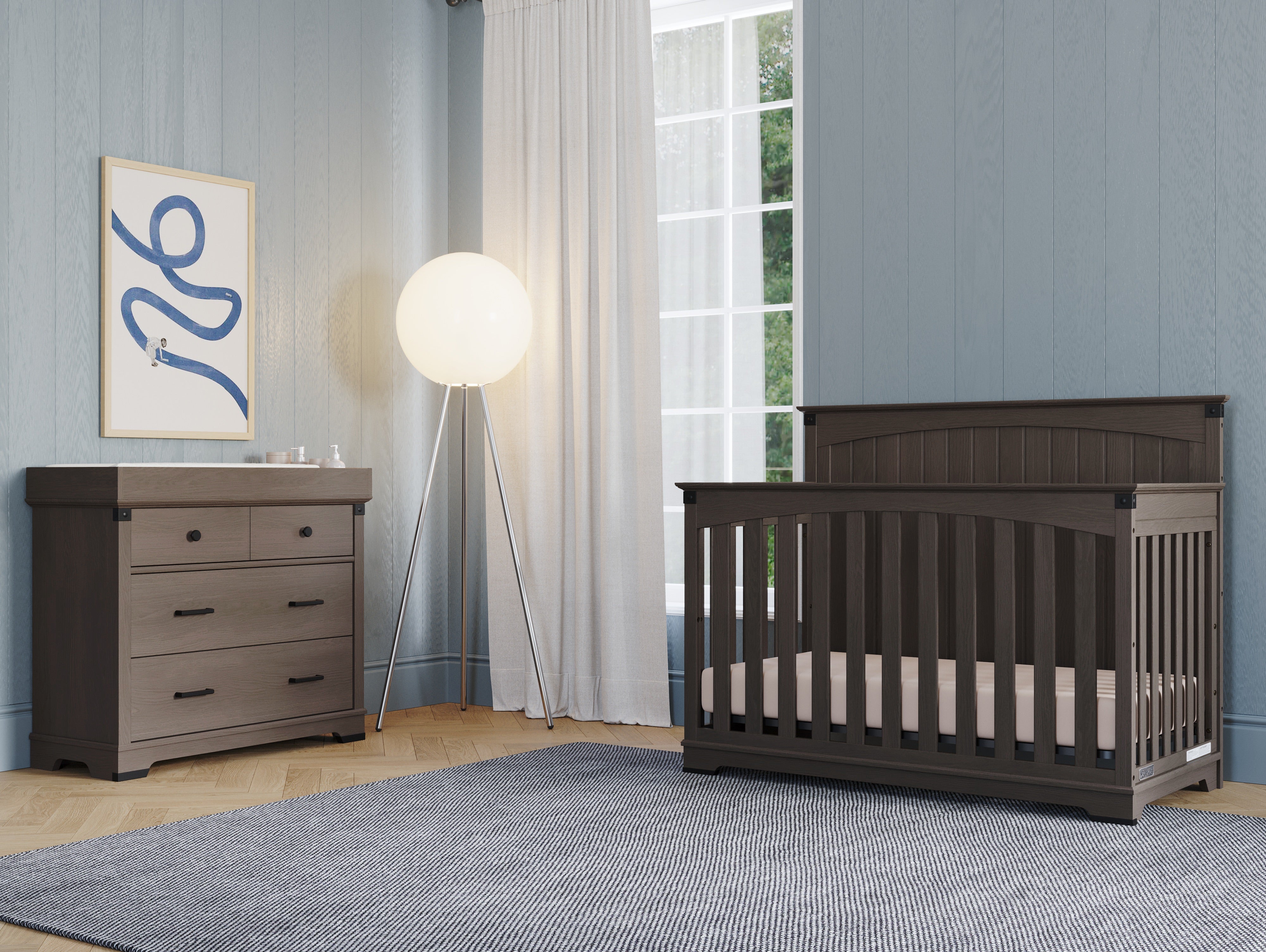 grey nursery dresser Newport Cottage Convertible Crib and A softy textured Weathered Espresso Baby Furniture |