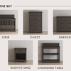 The Child Craft Redmond 4 Drawer Chest in Dapper Gray is displayed against a light background, labeled as nursery furniture.