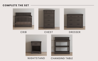 The Child Craft Redmond 4 Drawer Chest in Dapper Gray is displayed against a light background, labeled as nursery furniture.
