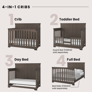 Diagram illustrating the Child Craft Redmond Full Panel 4-in-1 Convertible Crib, Dapper Gray, shown as a crib, toddler bed with guard rail, day bed without front rail, and full bed with added rails. Each stage features the same wooden furniture.