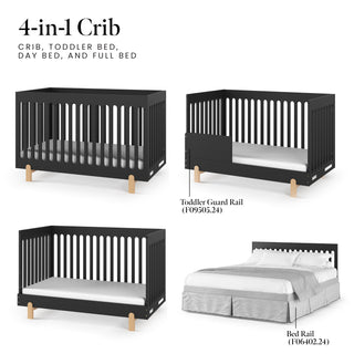 Four images display the Child Craft Park Heights 4-In-1 Euro Crib in Caviar Black converting into a crib, toddler bed with guard rail, day bed, and full bed with rail, showcasing its heirloom-quality design for every stage of childhood.