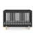 The Child Craft Park Heights 4-In-1 Euro Crib in Caviar Black features vertical slats, light wooden legs, and a striped mattress. Its modern, minimalist style is ideal for a mid-century nursery, shown here against a white background.